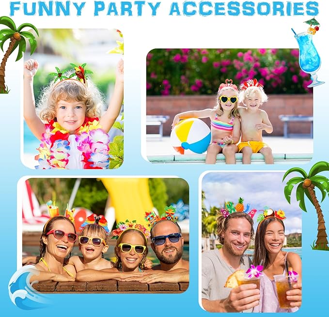 Capoda 16 Pcs Hawaiian Party Headband Felt Luau Head Boppers Tiki Aloha Boppers for Tropical Summer Beach Party Favors Supplies