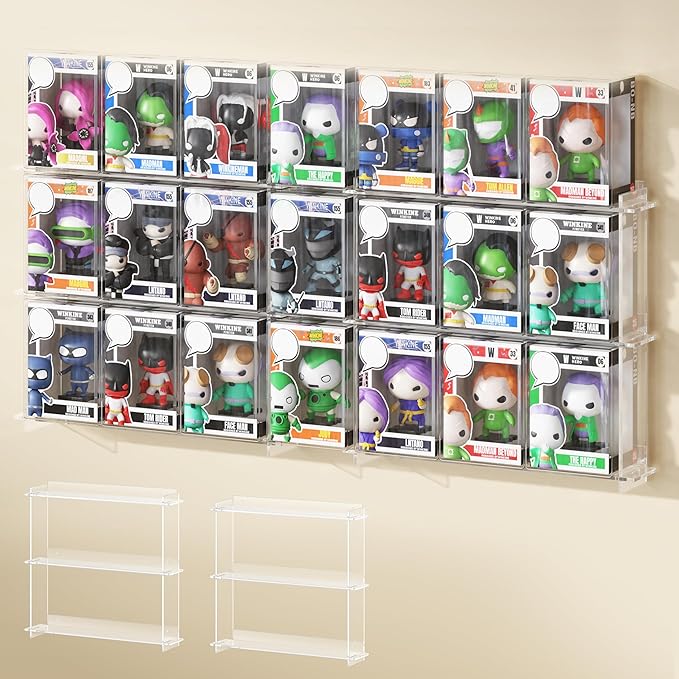 WINKINE Wall Display Shelves Compatible with 21 Funko Pop in Box, Easy Install - Only 2 Screws per Shelf, Acrylic Floating Shelves Stackable, Action Figure Stand, Collectibles Display Case, 2 Pack