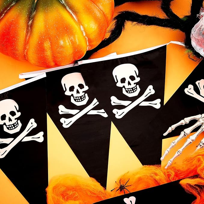Tatuo 90 Pcs Pirate Banner Flag 99 ft Skull Pirate Party Decorations Birthday Jolly Roger Ship Triangle Pennant Bunting Decor for Gasparilla Celebration Indoor Outdoor Party Supplies