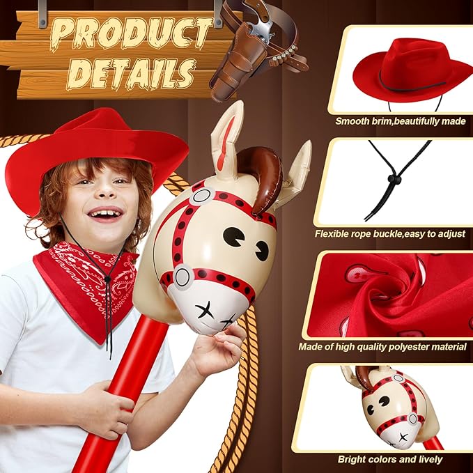 Xtinmee 36 Pcs Cowboy Party Costume Set, Cowboy Hats Paisley Bandanas Inflatable Stick Horses Kids Party Supplies