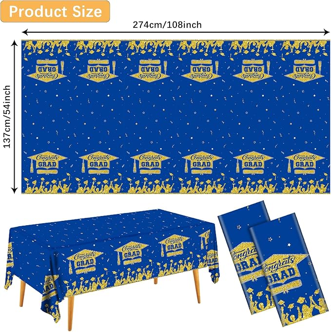 Graduation Decorations 2026-2 Pcs Blue and Gold Gongrats Grad Tablecover for Graduation Party Decorations, Class Blue Plastic Table Covers 54"x108"