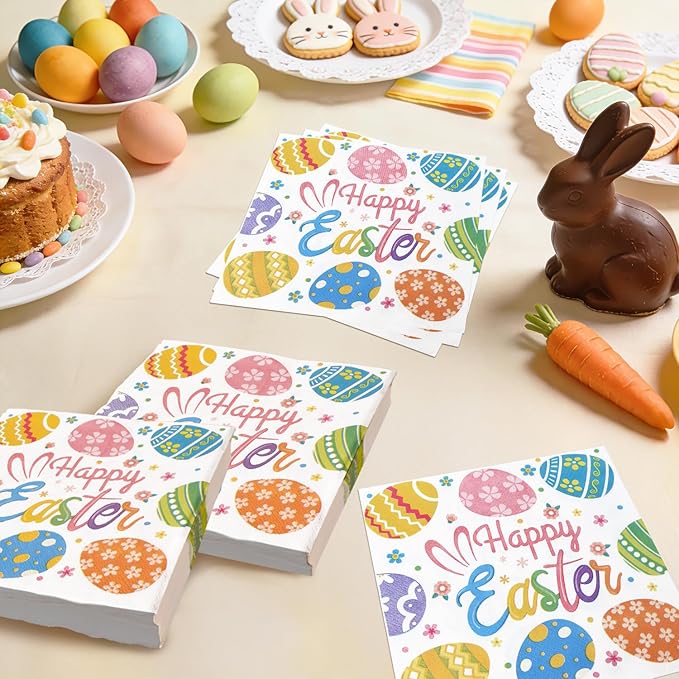 Easter Egg Design Paper Napkins - 50 Pcs Disposable Decorative Napkins for Easter Party Supplies, Spring Tableware