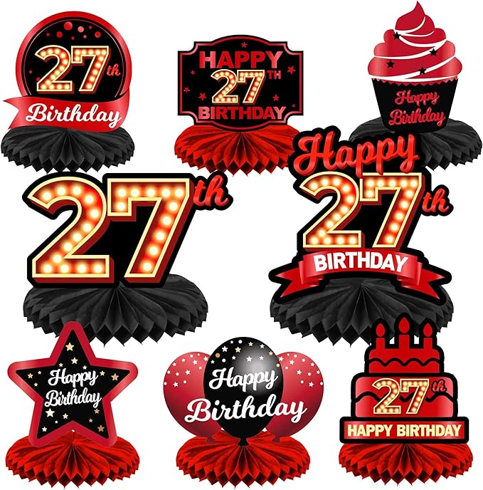 Happy 27th Birthday Red and Black Table Honeycomb Centerpieces Balloons Theme Decor Table Decorations Table Toppers for Girls Women Princess 27 Years Old Birthday Party Bday Supplies Background Gold