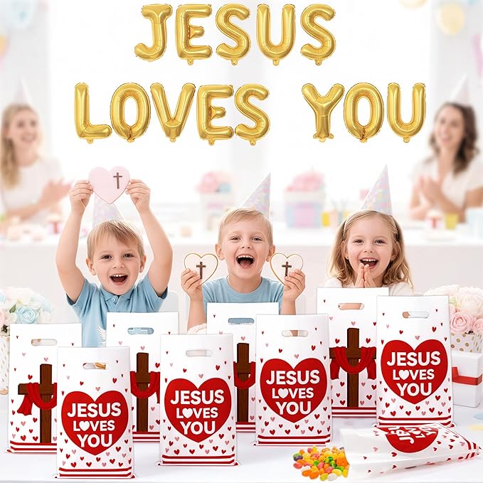 Jesus Loves You Party Favor Bags - 50Pcs Red Heart Jesus Cross Christian Goody Candy Treat Bags for Baptism Party Decorations for Valentine’s Day Religious Church Sunday School Birthday
