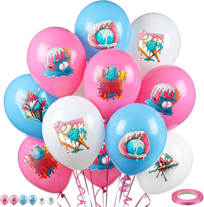 30 Pcs 10 Inch Ice Cream Drip Baseball Balloons with 32.8 ft Ribbon Pink and Blue White Baseball Balloon Decorations for Sport Themed Birthday Baby Shower Graduation Party Backdrop Supplies
