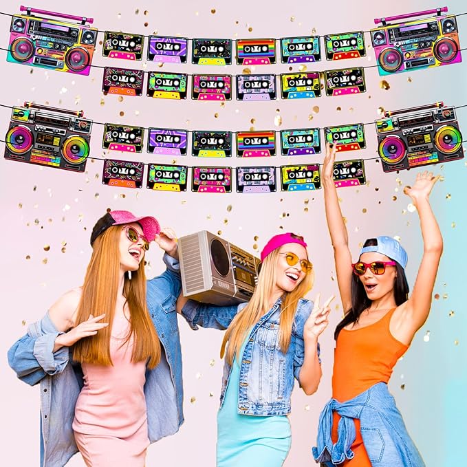 Pre-Strung 80s 90s Party Decorations, NO DIY Retro 80’s 90’s Theme Cassette Tape Banners, Boom Box Cassette Player Decor Hip Hop Music Birthday Party Supplies