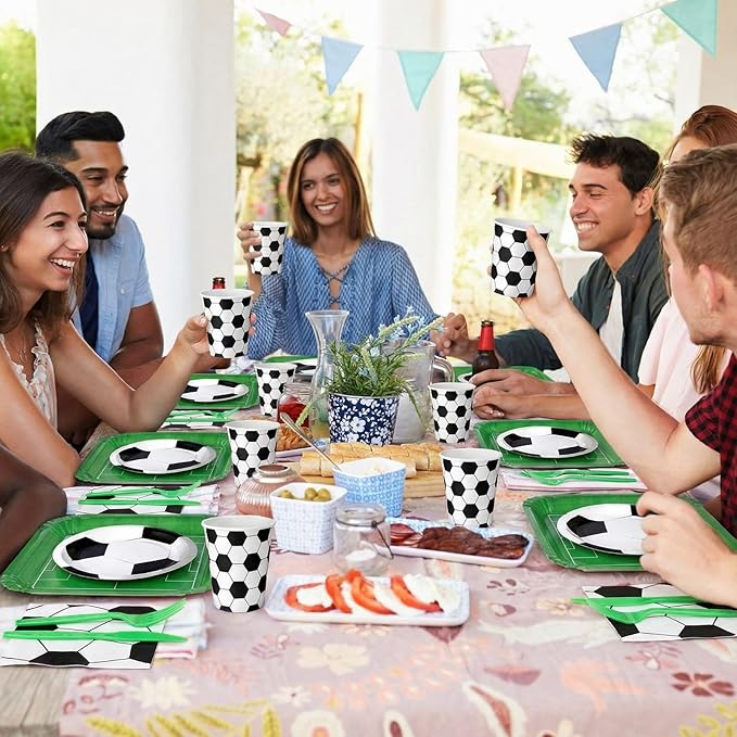 144 Pcs Soccer Party Supplies Set Serves 24 Soccer Birthday Party Decorations Disposable Serving Trays Paper Plates and Napkins Cup Fork Knife Dinnerware for Sports Theme Birthday Decoration