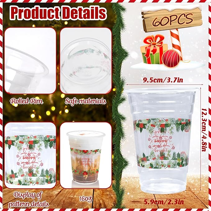 60 Pieces 16oz Christmas Poinsettia Cups,Holiday Party Drinkware Table Decorations Supplies,Plastic Disposable Cups for Merry Christmas Party Decorations