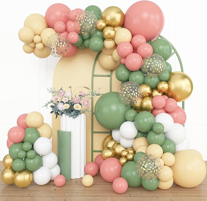 Amandir 153pcs Retro Green Pink Balloon Garland Arch Kit, Different Sizes 18 12 10 5 inch White Dusty Pink Latex Metallic Confetti Balloons for Easter Jungle Safari Woodland Birthday Party Decorations