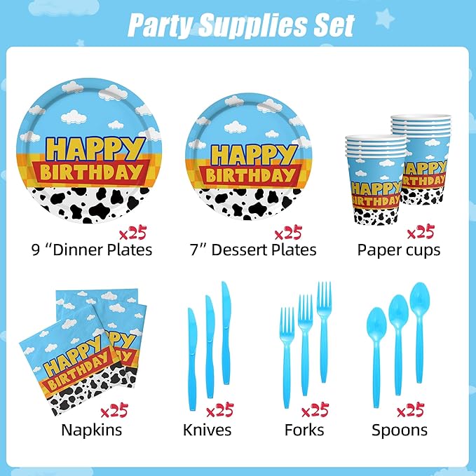 175Pcs Cartoon Birthday Party Supplies Cow Print Birthday Party Decorations Cartoon Plates and Napkins Tableware Set Blue Cloud Cow Print Party Supplies Kids 1st 2nd 3rd 4th Party Decor