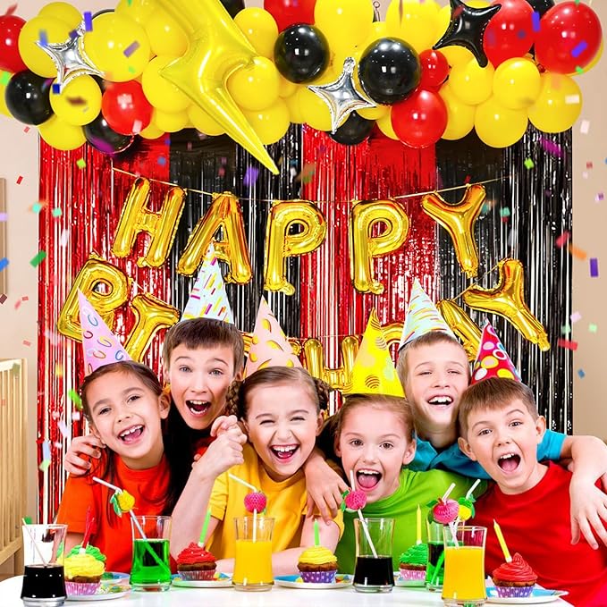 Cartoon Monster Birthday Party Decorations Supplies, Red Black Yellow Balloon Garland Arch Kit Curtains Backdrop Decor Birthday Banner Kit for Boys Girls Baby Shower-205 Pcs