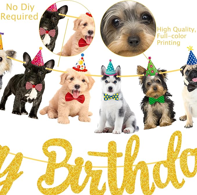 Dog Happy Birthday Banner Decorations Baby Birthday Party Supplies Gold Glitter Puppy Birthday Banner for Pet Dog Theme Party Bunting Decoration Baby Shower Party Supplies