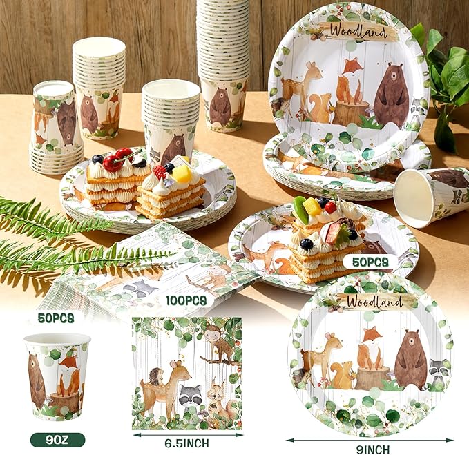 Hushee 200 Pcs Woodland Baby Shower Paper Plates Cups Napkins Woodland Animals Themed Gender Reveal Party Supplies Tableware Set Disposable Cup Napkin for 50 Guest Party Decoration