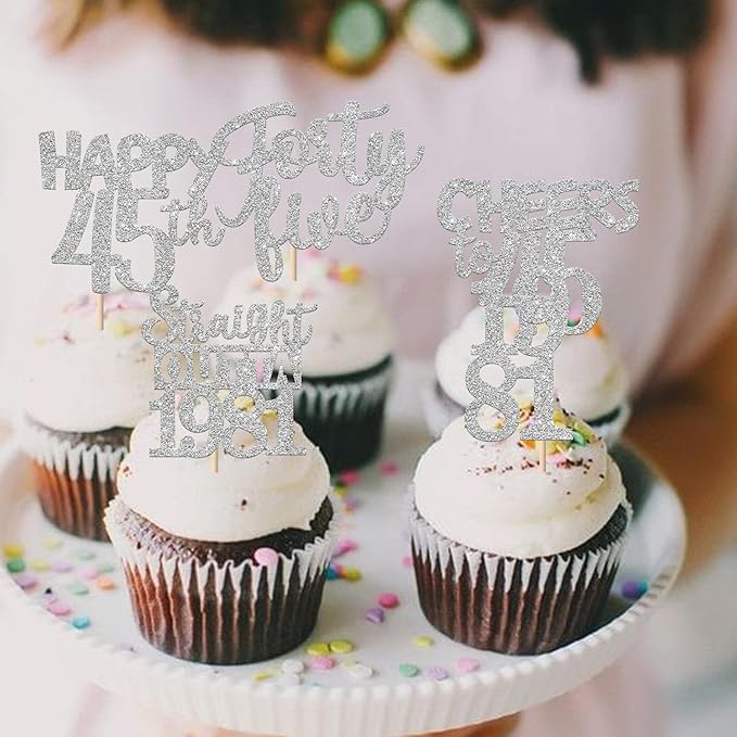 30 PCS 45th Birthday Cupcake Toppers Glitter Forty Five Happy 45 Straight Outta 1981 Cupcake Picks for Cheers to 45 Fabulous 45th Birthday Anniversary Party Cake Decorations Supplier Silver