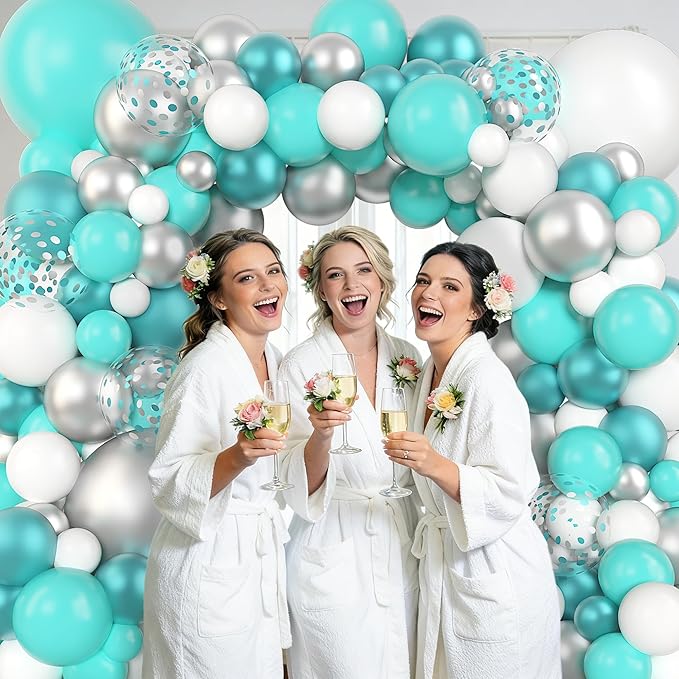 Amandir 153 Pcs Teal Balloons Arch Garland Kit, Different Sizes 18 12 10 5 Inch Teal Aqua Blue White Metallic Silver Green Confetti Turquoise Balloons Birthday Bridal Shower Wedding Party Decorations