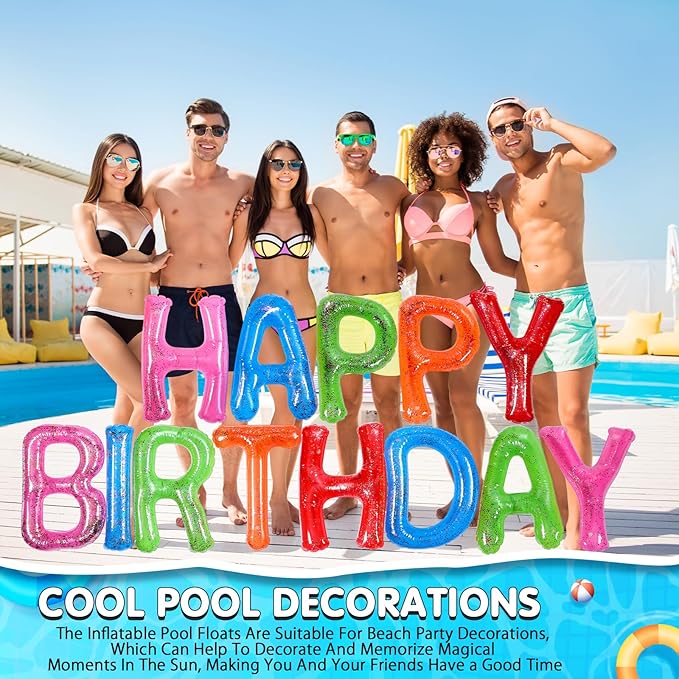 Shappy 20'' Happy Birthday Pool Large Floating Letter Balloons with Adhesive Dots Inflatable Pool Decorations for Summer Birthday Party