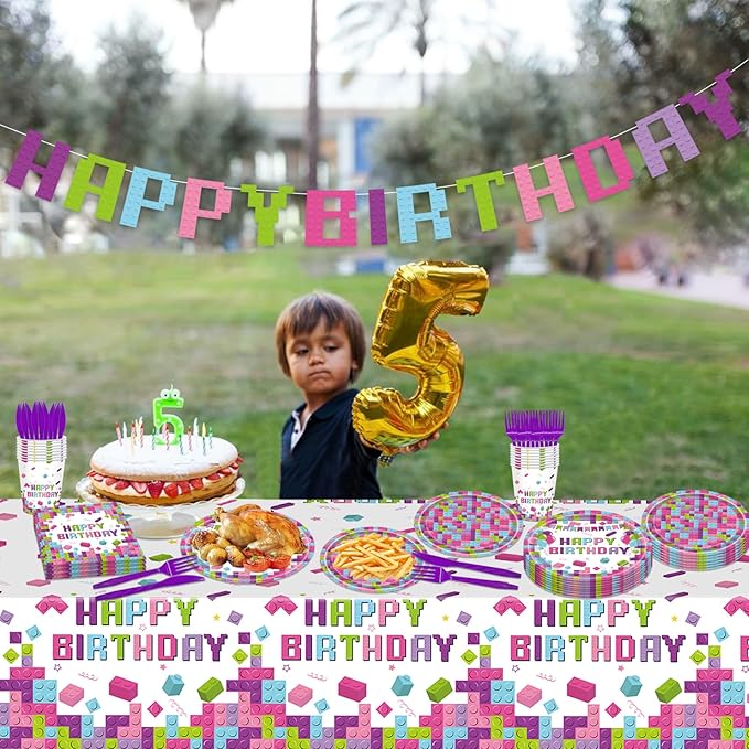 98PCS Building Blocks Birthday Party Supplies Building Blocks Party Decoration Boys Girls Colorful Building Blocks Theme Paper Plates and Napkins Tableware Set Tablecloth Banner Serve 16