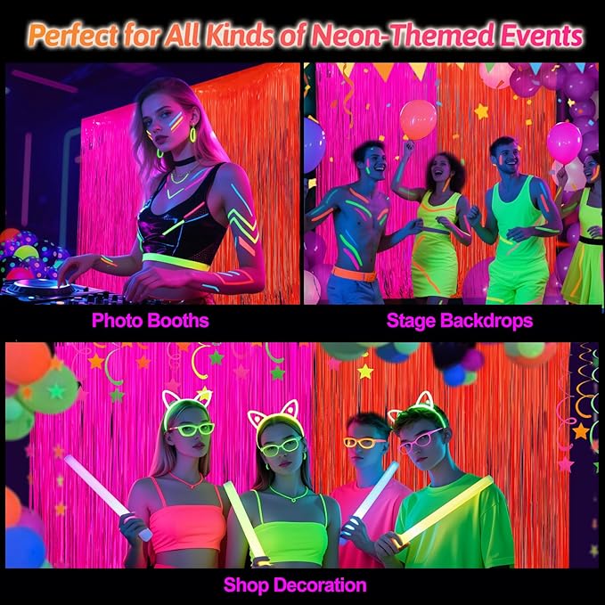 Glow in The Dark Party Supplies 2 Pack Neon Party Decorations Fluorescent Tinsel Foil Fringe Curtains Photo Booth Prop Backdrop Streamer Blacklight Decorations (Neon Hot Pink+Neon Orange)