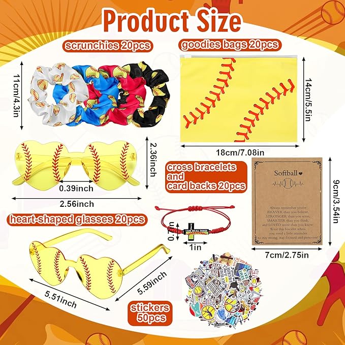 150 Pcs/20 Sets Softball Team Gifts for Girls - Softball Senior Night Gifts with Scrunchies Makeup Bags Sunglasses Bracelets Stickers Sport Birthday Party Favors for Girls