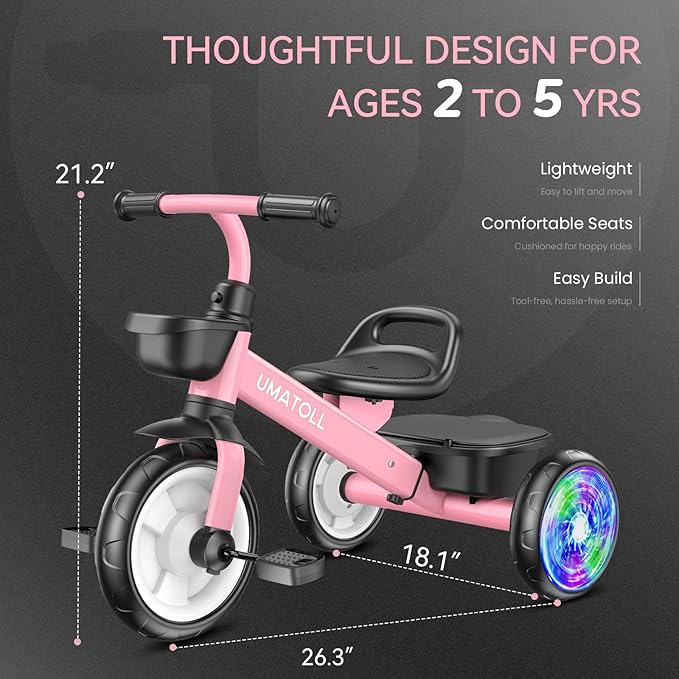 Umatoll Tricycle for Toddlers 2-5 Year Old, Ajustable Toddler Bike Outdoor Toys, Birthday Gift for Girl Age 2-4, Trike with Light up Wheels