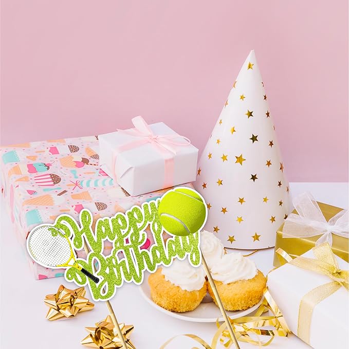 "Tennis Happy Birthday Cake Topper – Sports Theme Party Supplies – Fun and Unique Tennis Racket and Ball Cake Decoration for Teens, and Adults – Perfect for Sports Lovers and Birthday Celebrations"