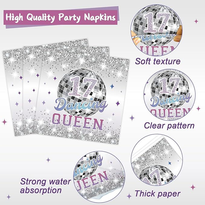 CHUNNIN 96Pcs Dancing Queen Plates and Napkins for 17 Birthday Party Decorations for Girls Silver 17 Year Old Dessert Plates Dancing Queen Tableware Set for 24 Guests 17 Birthday Party Supplies