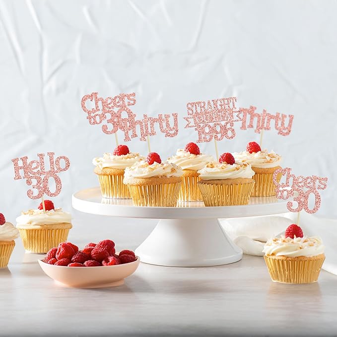 Ephlyn 24Pcs Happy 30th Birthday Cupcake Toppers Glitter ThirtyCupcake Picks Hello 30 Cheers to 30 Years Cake Decorations for 30th Birthday Anniversary Party Decorations Supplies Rose Gold