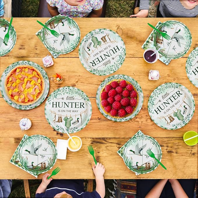 Grencian 96psc Mallard Duck Baby Shower Party Supplies A Little Hunter is on the Way Plates and Napkins Tableware Sets Hunting Party Decoration for Kids Birthday Baby Shower Serves 24