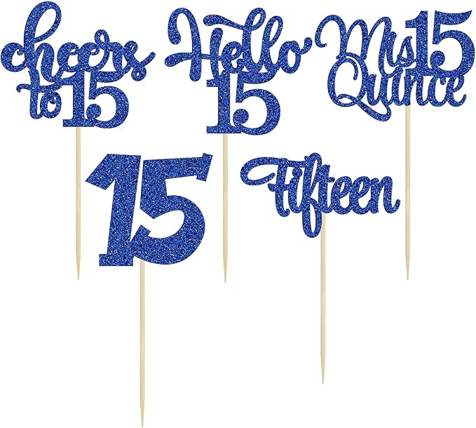 30Pcs 15th Birthday Cupcake Toppers Fifteen Cupcake Picks Cheers to 15 Years Old Mis Quince 15 Cake Decorations for 15th Birthday Anniversary Party Deep Blue Glitter