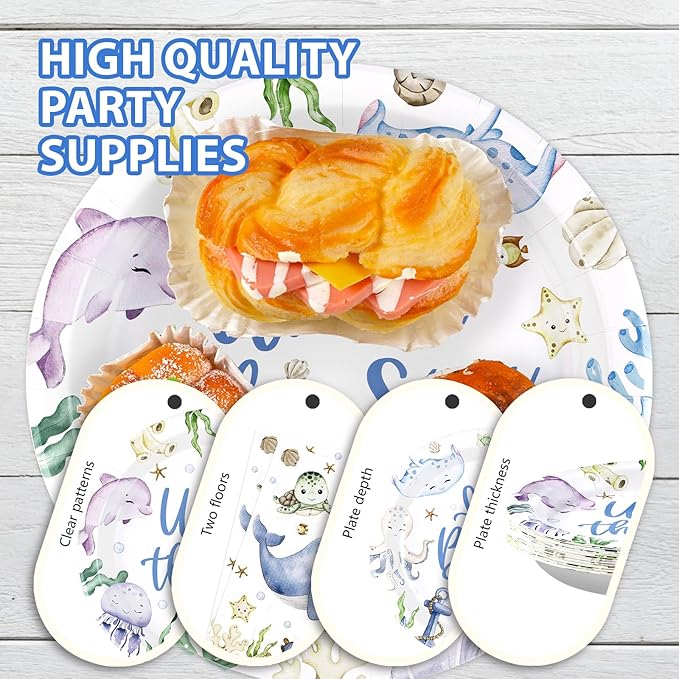 96Pcs Under The Sea Baby Shower Decorations Ocean Theme Party Plates and Napkins Disposable Sea Life Tableware Set Under The Sea Party Supplies for Birthday Baby Shower Underwater World Party Serve 24