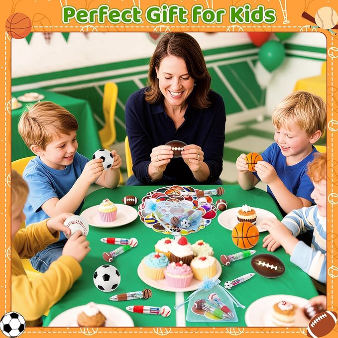 CY2SIDE 12 Pack Sport Squeeze Ball Party Favor Gift Set with Ballpoint Pen Sticker 2.5’’ Baseball Basketball Football Soccer Stress Ball Classroom Prize for Kid Sport Lover Birthday Goodie Bag Stuffer