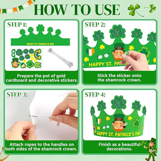 Hedeey 24 Pack St. Patrick's Day Crown Crafts Shamrock Paper Clover Crown Hat with Stickers forIrish St Patricks Holiday Craft Activity Party Favors Supplies
