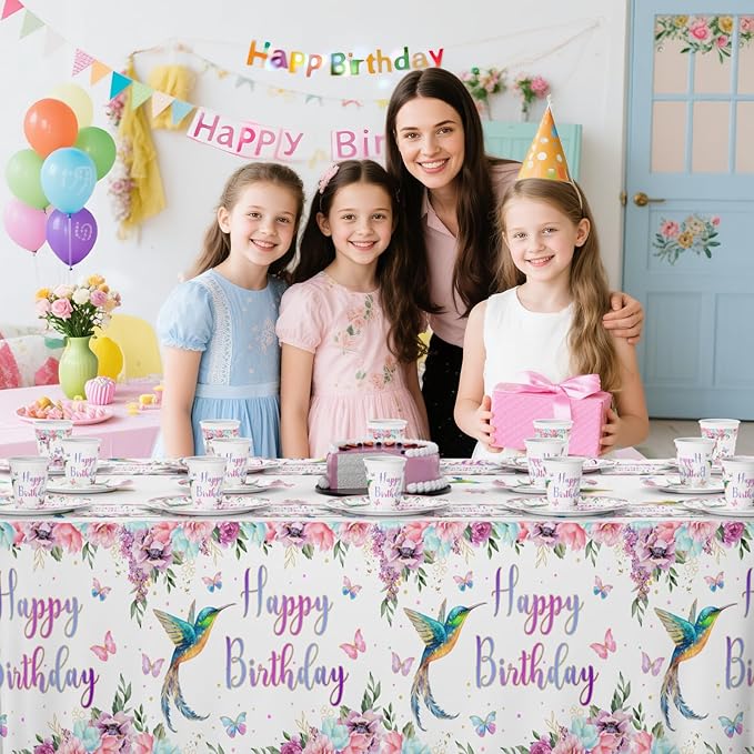 MEHOFOND Hummingbird Birthday Party Decorations, Bird Party Supplies, Spring Floral Watercolor Disposable Tableware Set 193Pcs Plates Napkins Plastic Tablecloth for Birthday Party