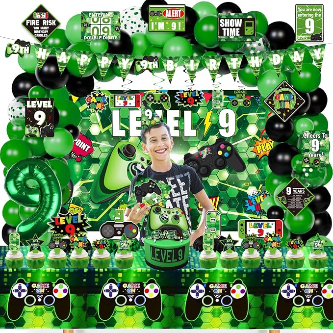 9th Birthday Decorations for Boys, 148Pcs Green Video Game level 9 Party Supplies for Boy 9th Birthday - Backdrop, Banner, Balloons, Tablecloth, Centerpieces, Hanging Swirl, Hat, Wall Signs