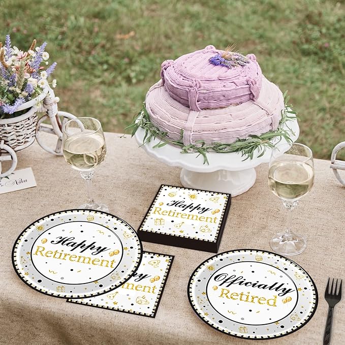 96 Pieces Happy Retirement Decorations Tableware for Men and Women - Dessert Plates, Napkins, Forks, Favors for 24 Guests