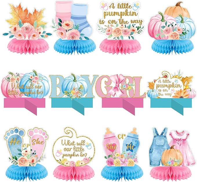 12 Pcs Fall Thanksgiving Gender Reveal Decoration What Will Our Little Pumpkin Be Honeycomb Centerpieces He or She Maple Pumpkin Thanksgiving Table Decoration Table Topper for Party Favors Supplies