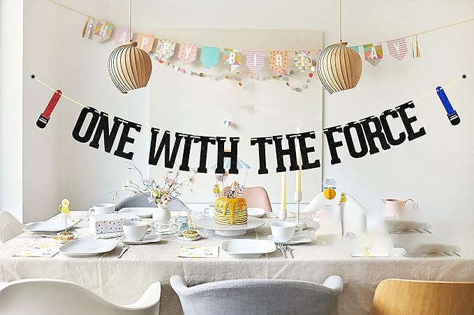 One with The Force Banner, Happy 1st Birthday Decors, Baby Boy First Birthday Party Supplies Black Red Blue Glitter