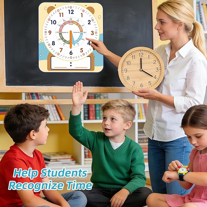 Large 12" Magnetic Writable Dry Erase Teaching Clock with Cute Style, Teaching Demonstration Clock for Kids Learning Practice Time for Home School Classroom Supplies (12" x11"-Beige)