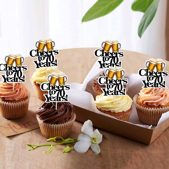Ercadio 28 PCS Beer Party Cupcake Toppers Cheers and Beers Happy Birthday Decor for Cheers to 70 Years Cake Topper Favor for Summer Family Party Decor Supplies