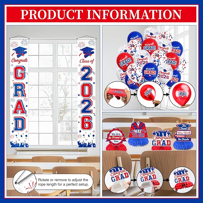 Graduation Decorations Class of 2026 White Blue and Red Graduation Party Decor Set include Congrats Grad Banner Backdrop Class of 2026 Balloons Party Supplies