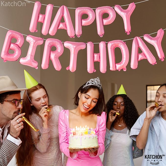 KatchOn, Pink Happy Birthday Balloons Banner - 16 Inch | Happy Birthday Sign | Pink Birthday Decorations | Birthday Balloons Letters | Banner for Happy Bday Decorations