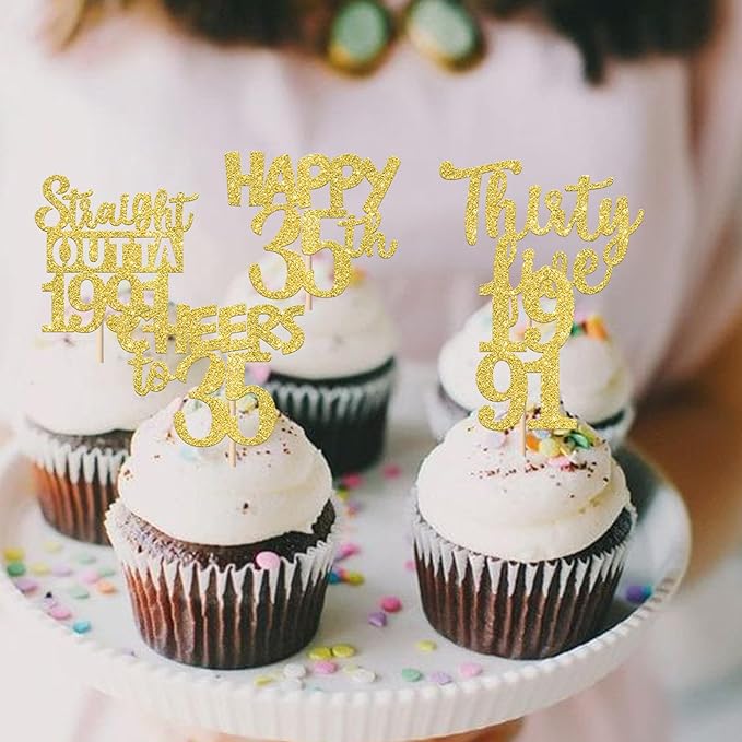 30PCS Straight Outta 1991 Cupcake Toppers Gold Glitter Thirty Five Happy 35th Birthday Cupcake Picks Cheers to 35 Years Cake Decorations for 35th Birthday Anniversary Party Decoration Supplies