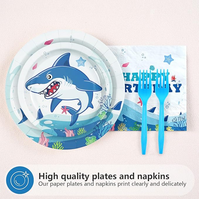 96Pcs Shark 5th Birthday Party Supplies Blue Ocean Shark Plates and Napkins Under The Sea Tableware Set for Kids 5 Years Old Blue Ocean Theme Birthday Party Supplies，Serves 24