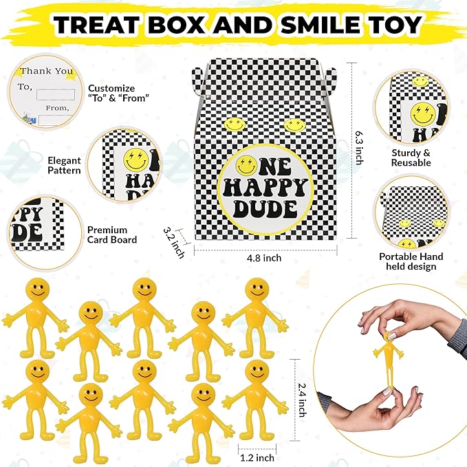 84 Pcs One Happy Dude Birthday Party Favor, 12 Set of Smile Face Theme Gift Box Straw Bubble Stickers Smile Badge Pin for First Birthday Party Supply