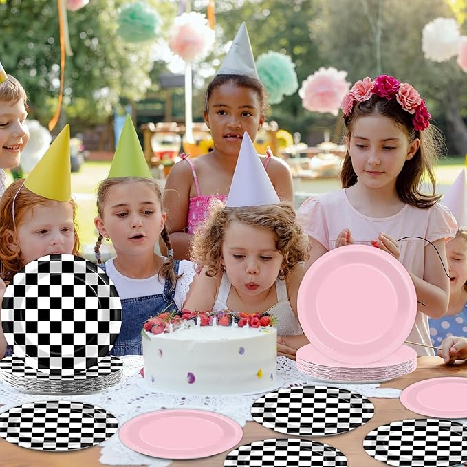 48Pcs Pink Checkered Birthday Paper Plates for Racing Car Theme Party Supplies 7" Hot Pink Race Car Disposable Black White Checkered Plates for Kids Girls Birthday Baby Shower Party Decorations