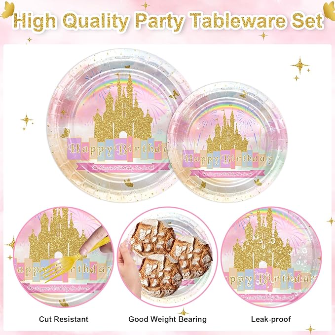 Avezano 96 PCS Princess Birthday Party Decorations Rainbow Gold Castle Plates Napkins Tableware Set for Girls Birthday Party Supplies, Serves 24