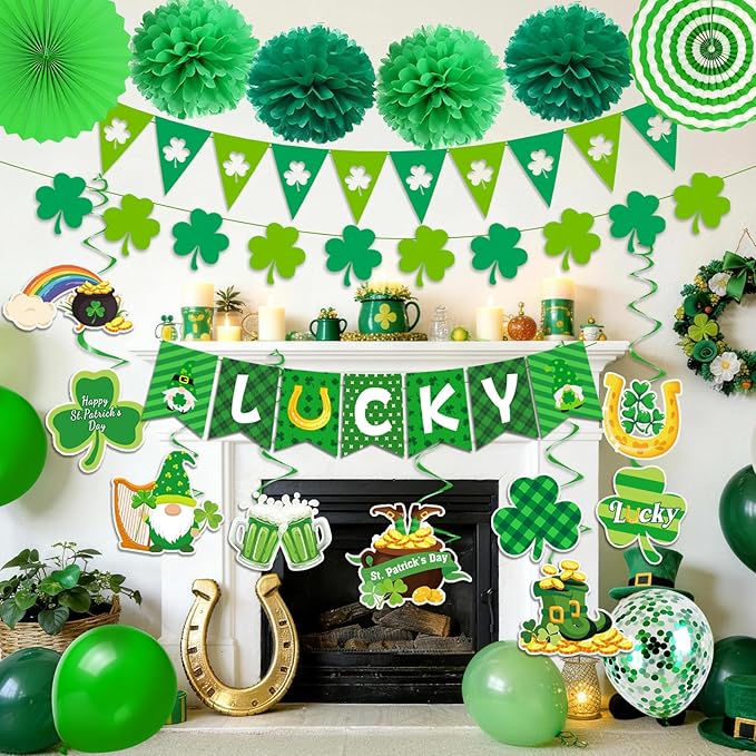 47Pcs St Patricks Day Decorations, St. Patrick's Day Decorations Kit Shamrock Lucky Banner Garlands Hanging Swirls Fringe Curtain for Home Irish St. Patrick's Day Decor