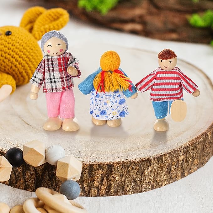Wooden Doll House People of 8 Figures, Dolls Family Set for Girls Toddler Kids Dollhouse Accessories Toy