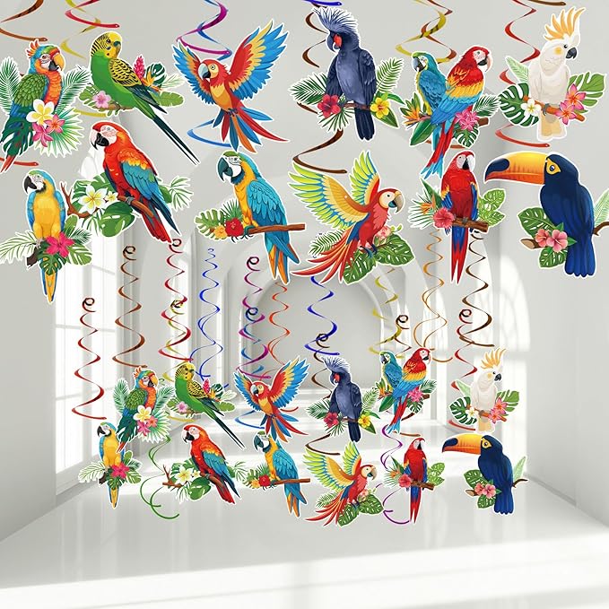 58Pcs Tropical Birds Decorations Tropical Hawaiian Decor Toucan Parrot Party Hanging Swirl Foil Ceiling Decor for Summer Luau Hawaiian Beach Pool Party Tiki Party Birthday Party Supply
