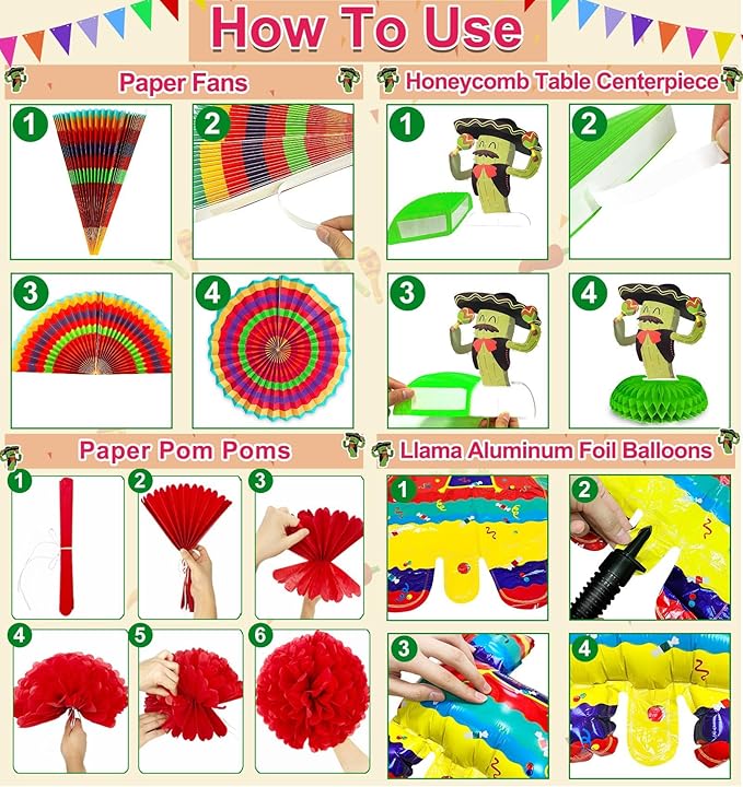 [ 7 Varieties ] 33Pcs Cinco De Mayo Fiesta Party Decorations, Mexican Themed Party Supplies, Paper Fans Pom Poms Table Cover Llama Balloons Pennant Papel Picado Banner Honeycomb Table Decor